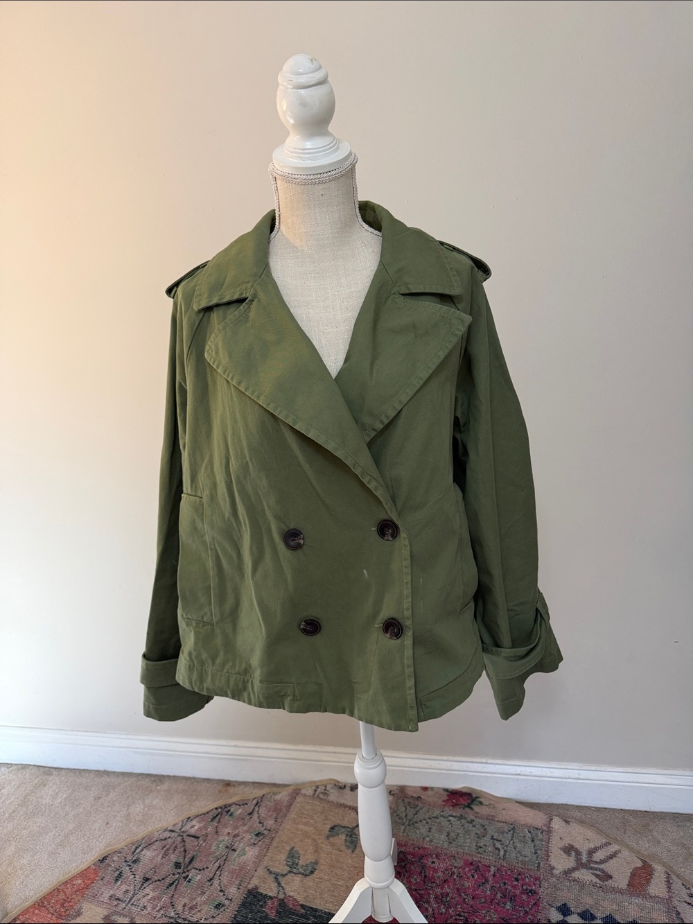 Women's Olive Green Double-Breasted Trench Coat